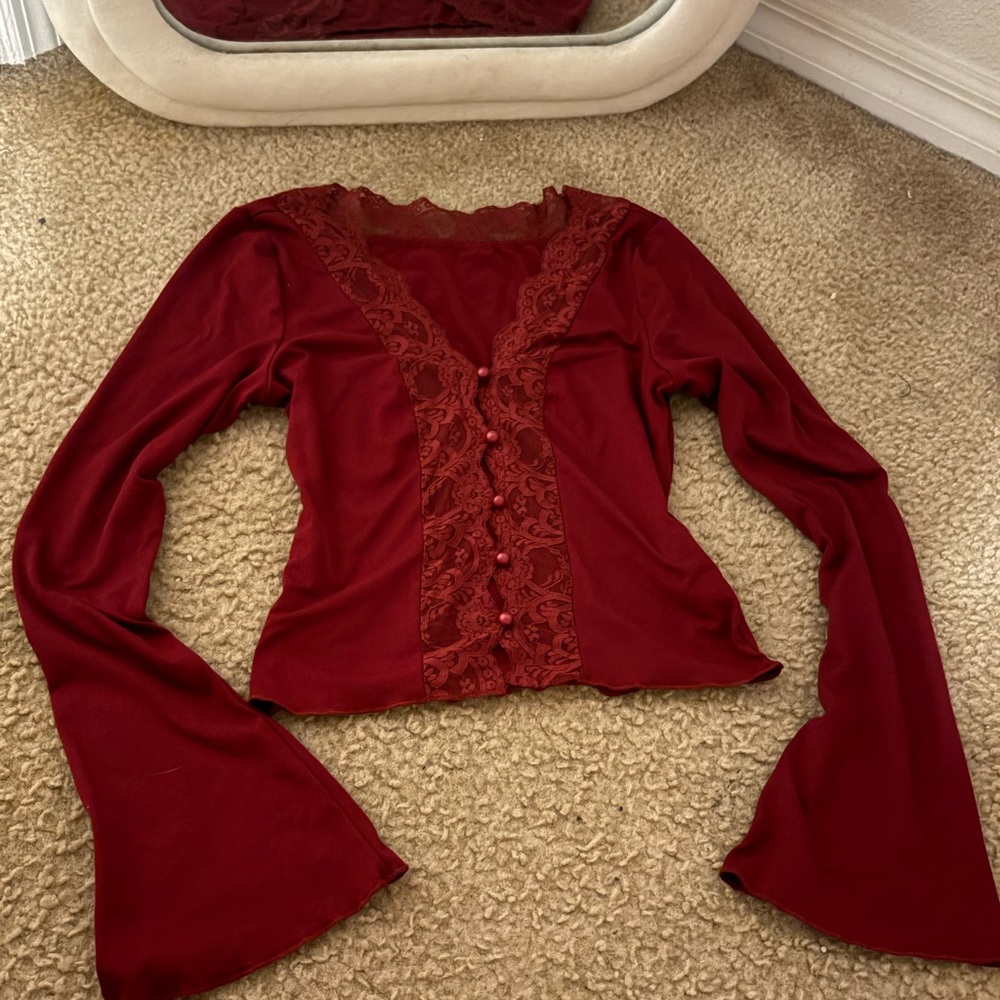 TIKTOK trending Red Lace-Trim Long Sleeve Women's Top